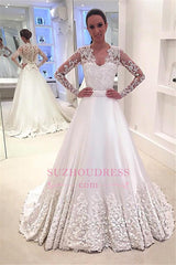 Appliques Sweep Train Long Sleeves Bride Dress Bowknot A-Line Wedding Dress