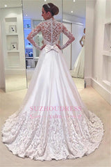Appliques Sweep Train Long Sleeves Bride Dress Bowknot A-Line Wedding Dress