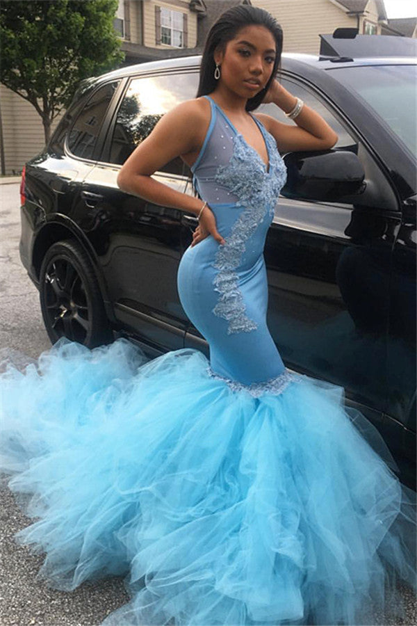 Appliques V-Neck Mermaid Prom Dresses ｜ Sexy Sleeveless Tulle Sequins Dresses bc1317