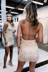 Apricot Sequin Tight Short Cocktail Dresses with Fringes