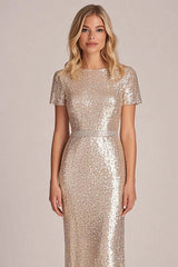 Apricot Wedding Guest Dress Sheath Long Formal Dress With Short Sleeves