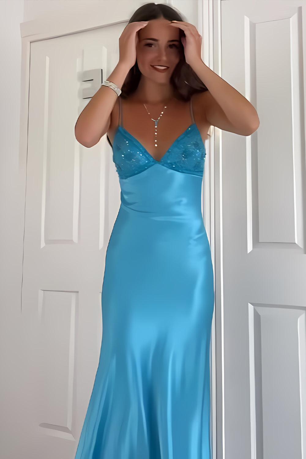 Suzhoufashion Aqua Blue Spaghetti Strap Long Satin Prom Dress With Lace Bodice Formal Evening Gown