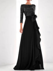Asymmetrical A Line Jewel Neck Gown with Long Sleeves Sequin Feather and Pearl Details