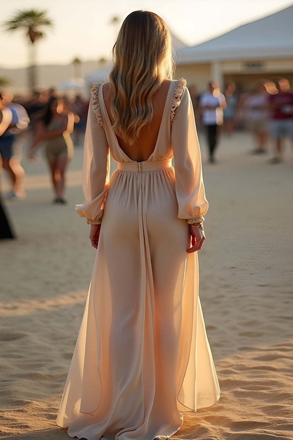Asymmetrical Length Apricot Wedding Guest Dress Ruffled Formal Dress With Long Sleeves Asymmetrical Length Apricot Wedding Guest Dress Ruffled Formal Dress With Long Sleeves