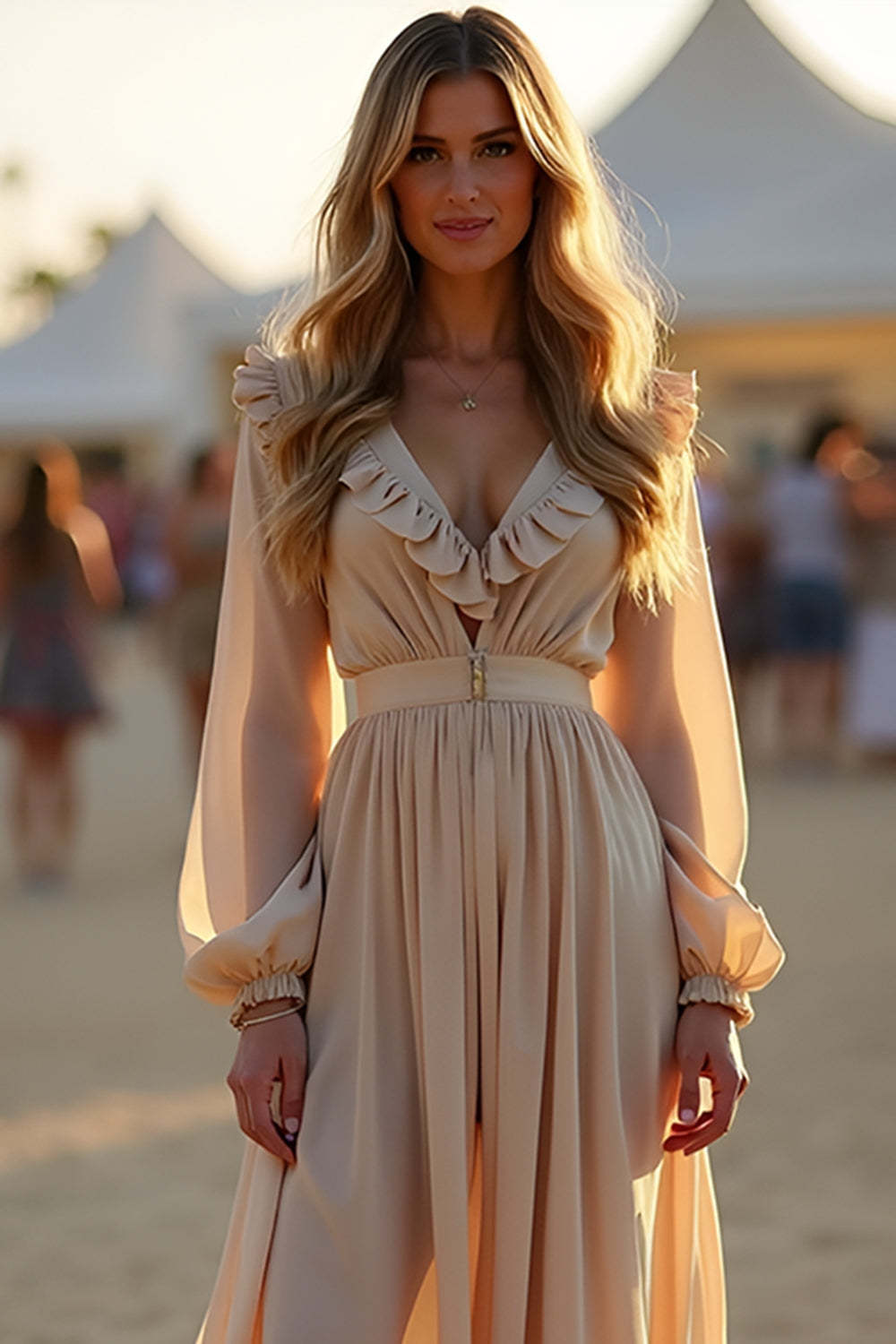 Suzhoufashion Asymmetrical Length Apricot Wedding Guest Dress Ruffled Formal Dress With Long Sleeves Suzhoufashion Asymmetrical Length Apricot Wedding Guest Dress Ruffled Formal Dress With Long Sleeves