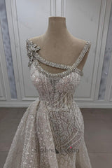 Asymmetrical Mermaid Strapless Sleeveless Beaded Panel Train Tulle Formal Dress