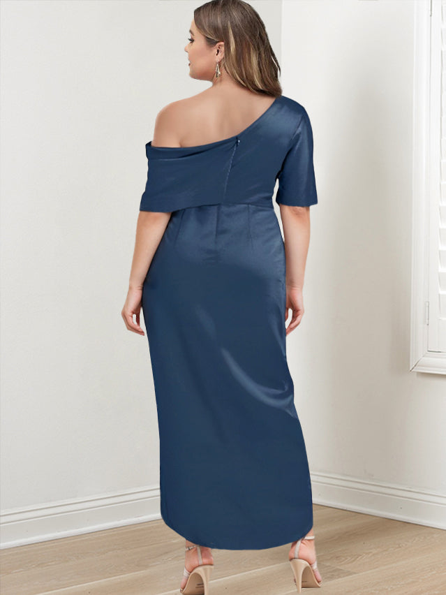 Asymmetrical One Shoulder Short Sleeve Sheath Dress with Ruffles for the Mother of the Bride