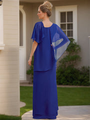 Asymmetrical Ruffle Chiffon Long Mother of the Bride Dress with Short Sleeves