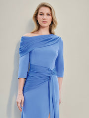Asymmetrical Sheath Column Gown with Draped Neckline 3/4 Sleeves and Long Pleated Chiffon Design Featuring a Slit