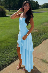 Asymmetrical Strapless Blue Long Prom Dress With Ruffles Formal Evening Gown