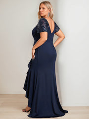 Asymmetrical V Neck Short Sleeve Sheath Dress for Plus Size Mother of the Bride with Sequins