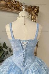 Baby Blue Lace Corset Ball Gown Mini Homecoming Dress Bow Straps & Tulle Skirt