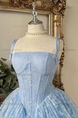 Baby Blue Lace Corset Ball Gown Mini Homecoming Dress Bow Straps & Tulle Skirt