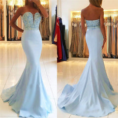 Baby Blue Mermaid Open Back Prom Dresses Sexy Beads Sequins Formal Evening Dresses BA7755