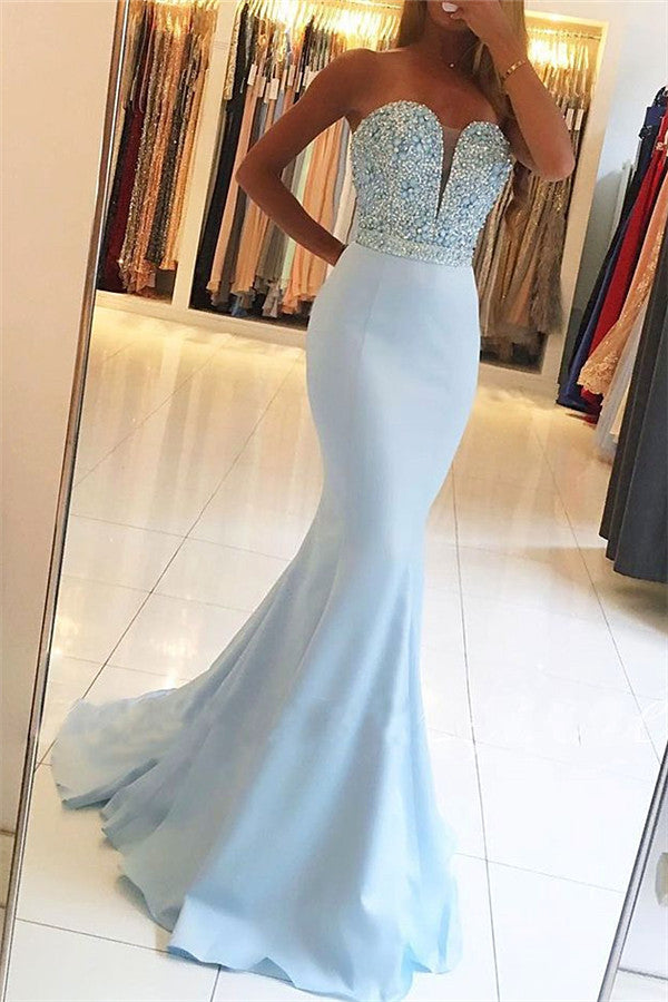 Baby Blue Mermaid Open Back Prom Dresses Sexy Beads Sequins Formal Evening Dresses BA7755