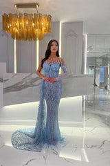 Baby Blue Prom Dress Strapless Long Sleeve Mermaid Long Evening Formal Dress With Beading