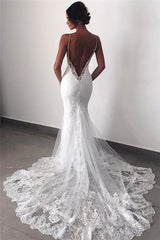 Backless Beach Wedding Dresses Lace Mermaid | Sexy Spaghetti Straps Bride Dress