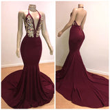 Backless Burgundy Prom Dresses Sleeveless Mermaid Evening Gowns with Crystals