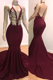 Backless Burgundy Prom Dresses Sleeveless Mermaid Evening Gowns with Crystals