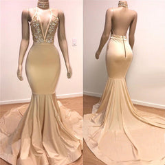 Backless Champagne Prom Dresses | Crystals Appliques Mermaid Sexy Formal Evening Gowns