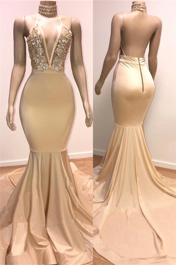 Backless Champagne Prom Dresses | Crystals Appliques Mermaid Sexy Formal Evening Gowns