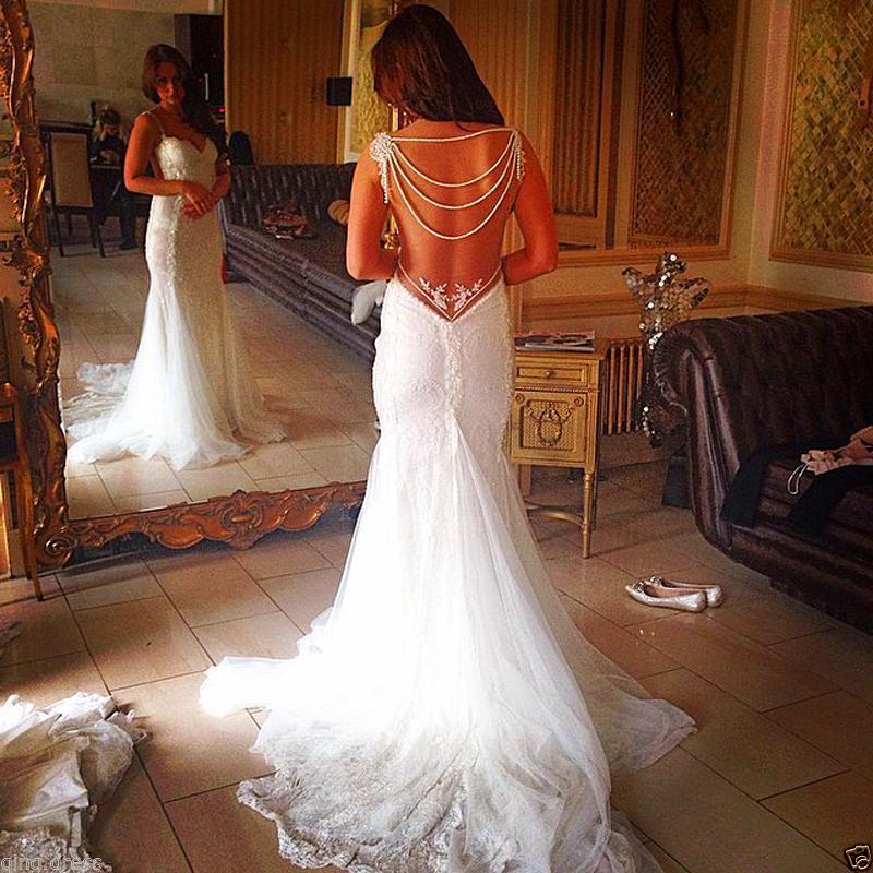 Backless Lace Bridal Gowns Sheath Mermaid Wedding Dress with Pearls Chains | Suzhoufashion