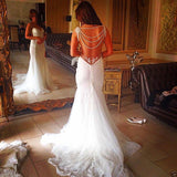 Backless Lace Bridal Gowns Sheath Mermaid Wedding Dress with Pearls Chains
