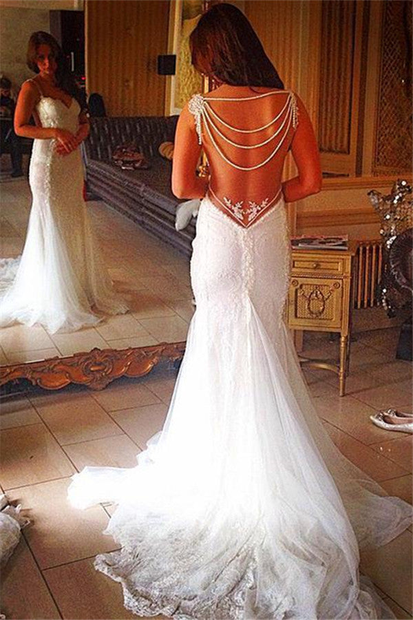 Backless Lace Bridal Gowns Sheath Mermaid Wedding Dress with Pearls Chains