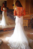 Backless Lace Bridal Gowns Sheath Mermaid Wedding Dress with Pearls Chains