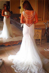 Backless Lace Bridal Gowns Sheath Mermaid Wedding Dress with Pearls Chains
