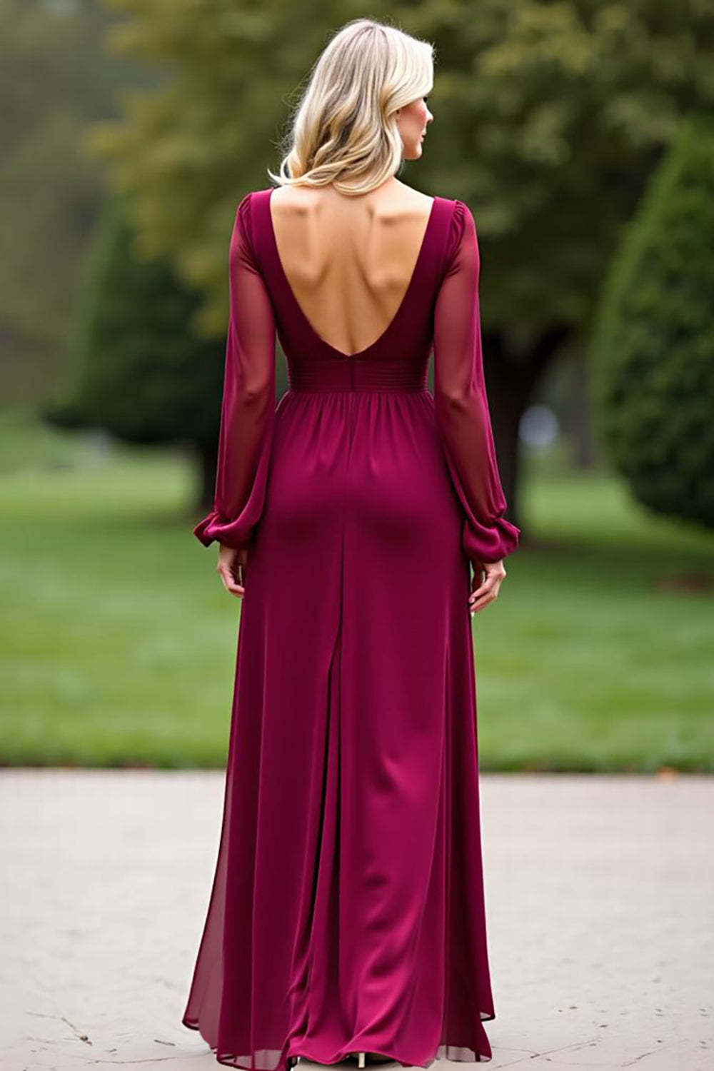 Suzhoufashion Backless Long Burgundy Wedding Guest Dress V-Neck Chiffon Formal Dress With Slit suzhoufashion Suzhoufashion Backless Long Burgundy Wedding Guest Dress V-Neck Chiffon Formal Dress With Slit suzhoufashion
