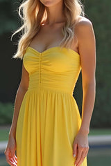 Backless Long Strapless Yellow Formal Dress With Slit