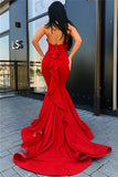 Backless Mermaid Sexy Prom Dresses Red Sleeveless Ruffles Formal Evening Gowns with Court Train