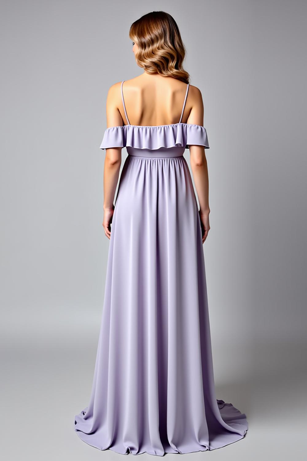 Backless Ruched Lilac V-Neck Long Formal Dress