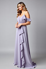 Backless Ruched Lilac V-Neck Long Formal Dress