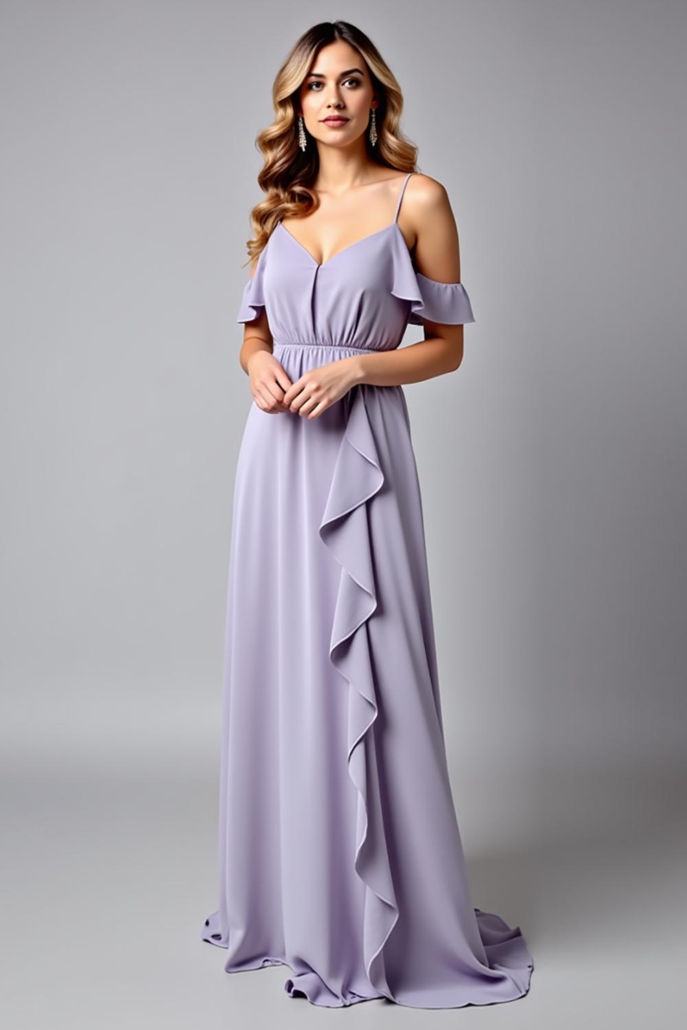 Backless Ruched Lilac V-Neck Long Formal Dress