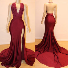 Backless Sexy Burgundy Prom Dresses with Slit | V-neck Halter Evening Gowns with Court Train bc1387