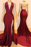 Backless Sexy Burgundy Prom Dresses with Slit | V-neck Halter Evening Gowns with Court Train bc1387