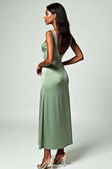 Backless Tea-Length Column Dusty Sage Wedding Guest Dress Formal Dress With Beading