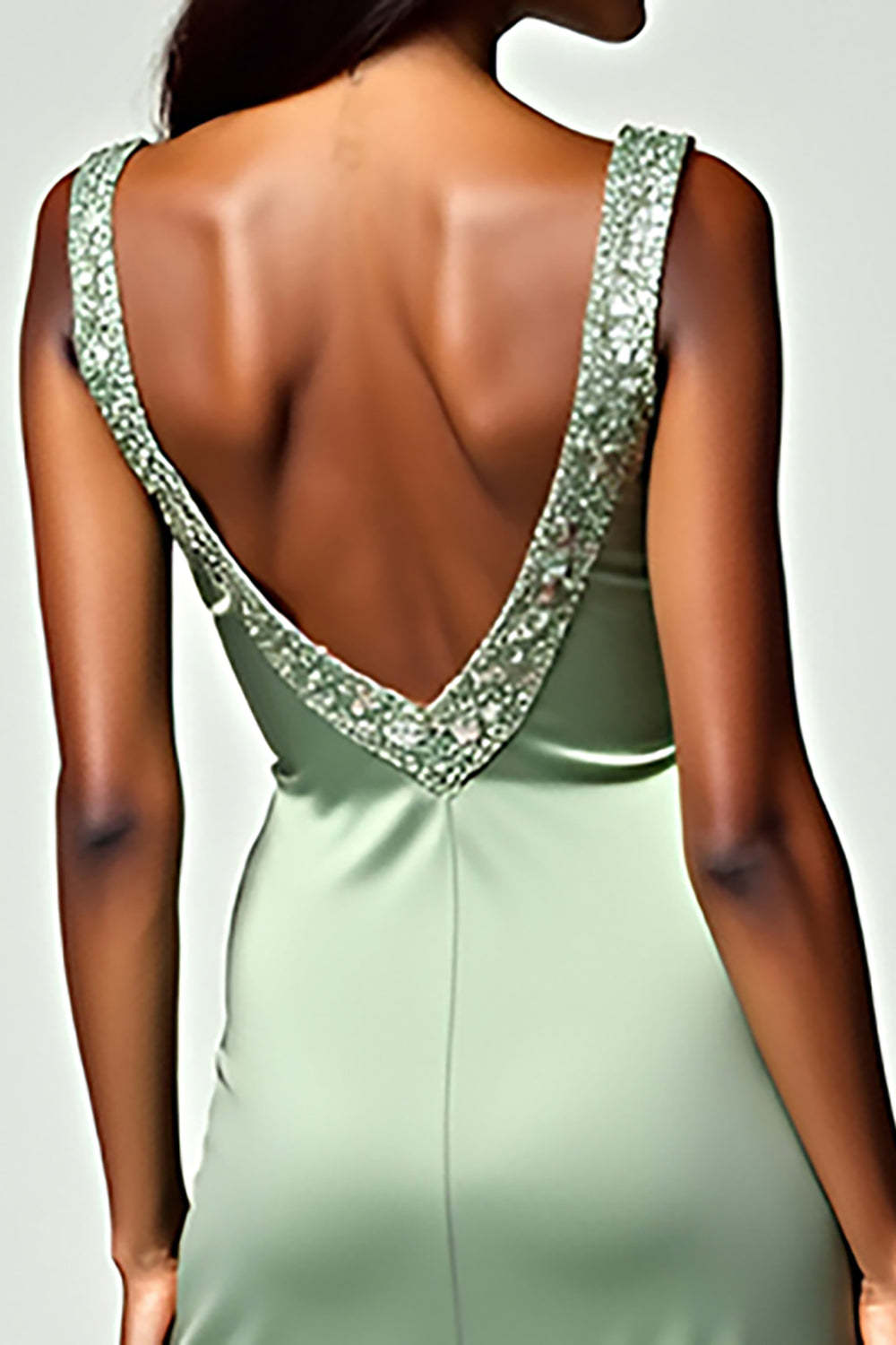 Backless Tea-Length Column Dusty Sage Wedding Guest Dress Formal Dress With Beading