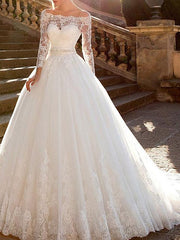 Ball Gown A-Line Wedding Dresses Off Shoulder Lace Tulle Long Sleeve Bridal Gowns Formal See-Through Court Train