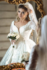 Ball-Gown Appliques Long-Sleeves Wonderful Off-the-shoulder V-neck Wedding Dresses