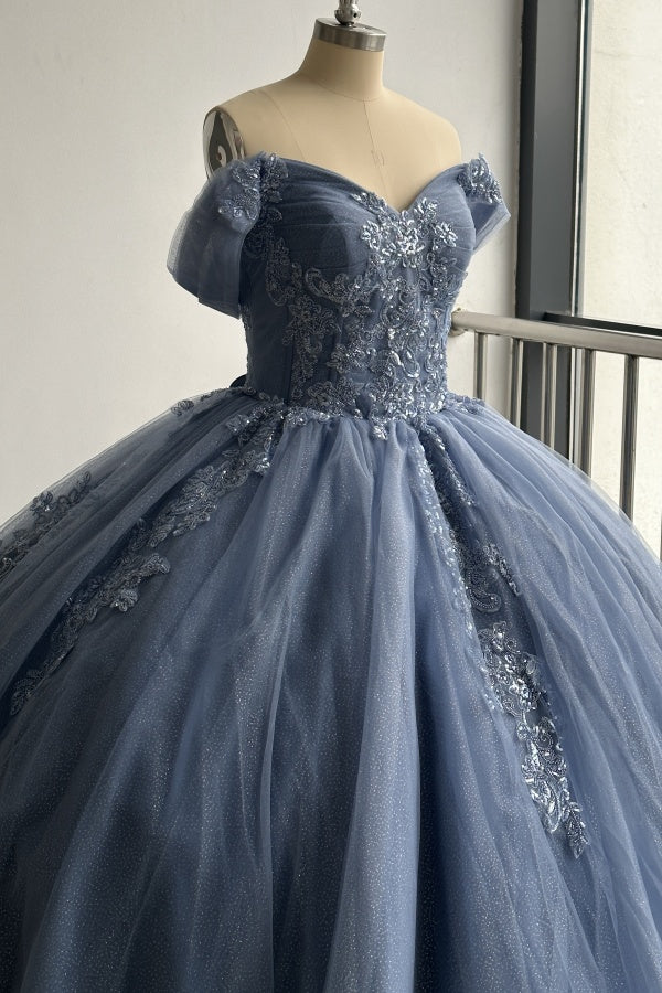Ball Gown Off Shoulder Pleated Appliques Lace Up Navy Blue Tulle Quinceanera Dress Birthday Party Gown For Sweet 16