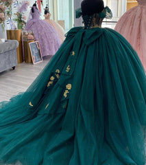 Ball Gown Off Shoulder Puffy Sleeves Flower Lace Appliques Emerald Green Tulle Princess Gown Quinceanera Dress For Sweet 16 Ball Gown Off Shoulder Puffy Sleeves Flower Lace Appliques Emerald Green Tulle Princess Gown Quinceanera Dress For Sweet 16