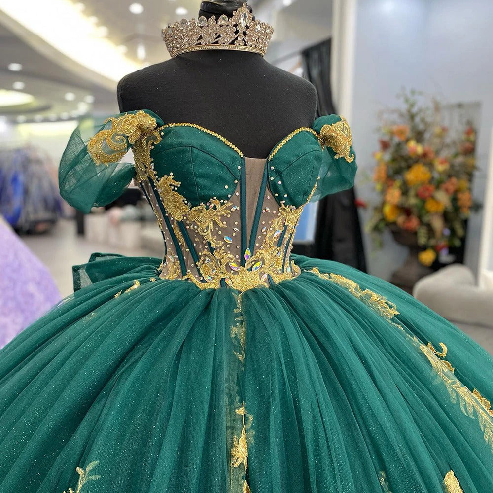 Ball Gown Off Shoulder Puffy Sleeves Flower Lace Appliques Emerald Green Tulle Princess Gown Quinceanera Dress For Sweet 16 Ball Gown Off Shoulder Puffy Sleeves Flower Lace Appliques Emerald Green Tulle Princess Gown Quinceanera Dress For Sweet 16