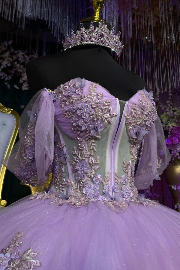 Ball Gown Off Shoulder Sleeveless 3D Flowers Beaded Appliques Shawl Lilac Tulle Quinceanera Dress Birthday Party Dress Evening Formal Gown