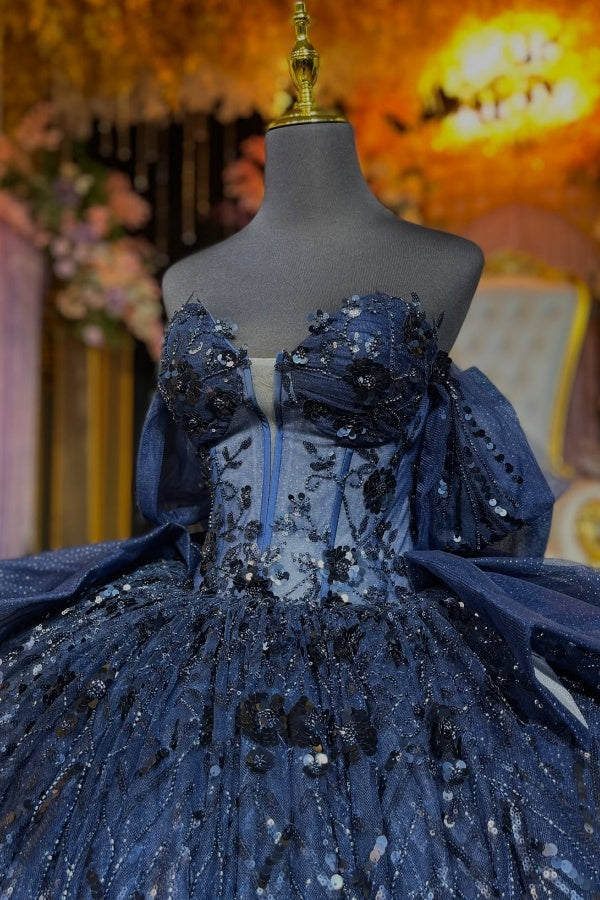 Ball Gown Off Shoulder Sleeveless Beaded 3D Flowers Appliques Bow Knot Shawl Sparkly Dark Navy Tulle Quinceanera Dress Formal Evening Gown Birthday