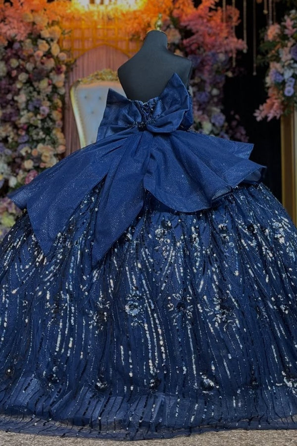 Ball Gown Off Shoulder Sleeveless Beaded 3D Flowers Appliques Bow Knot Shawl Sparkly Dark Navy Tulle Quinceanera Dress Formal Evening Gown Birthday