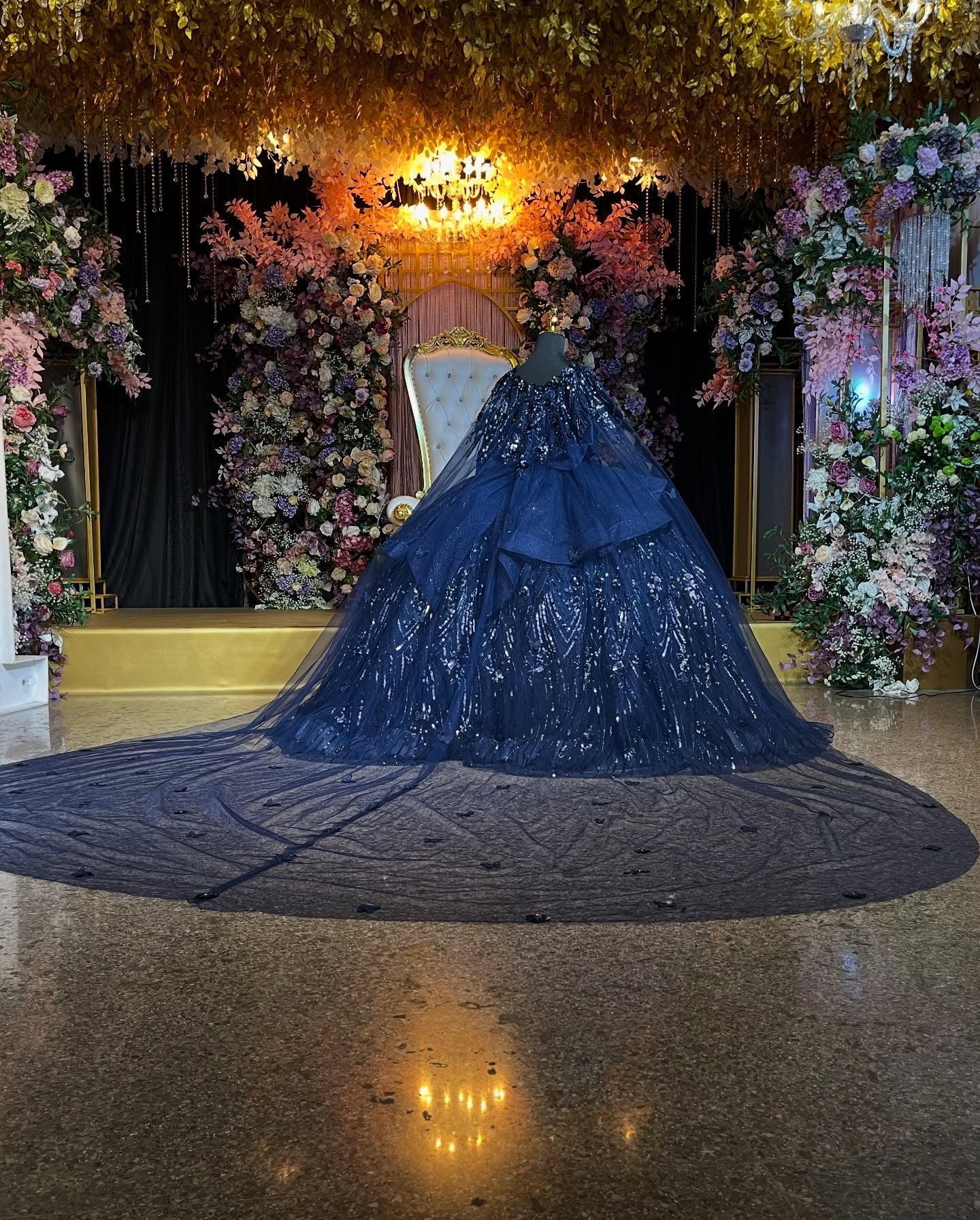 Ball Gown Off Shoulder Sleeveless Beaded 3D Flowers Appliques Bow Knot Shawl Sparkly Dark Navy Tulle Quinceanera Dress Formal Evening Gown Birthday