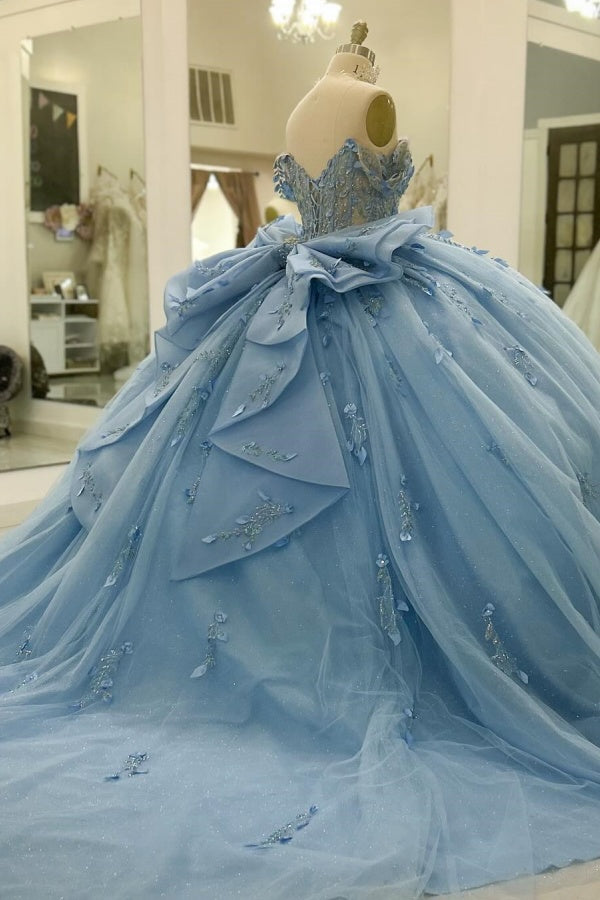 Ball Gown Off Shoulder Sleeveless Beaded 3D Flowers Appliques Bow Knote Tiered Sparkly Baby Blue Tulle Quinceanera Dress Formal Evening Gown Birthday Dress For Sweet 16